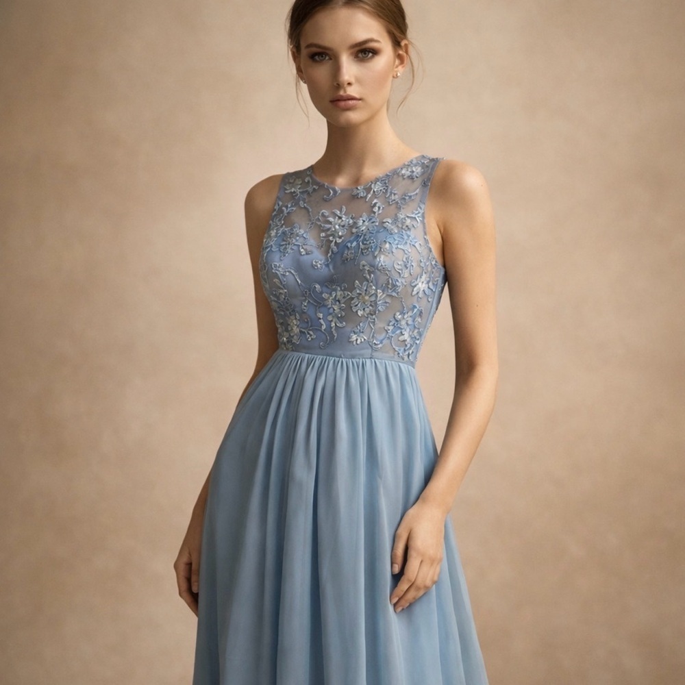 KF Bridal Sleeveless Blue Lace Chiffon Gown Size 2 Formal Prom Evening - Picture 7 of 8